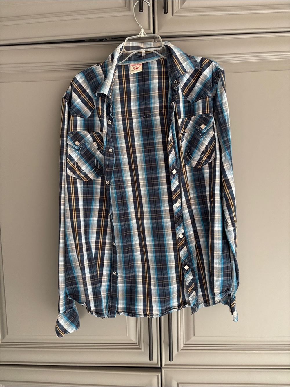 True Religion Men's Blue and White Plaid Button-Down Shirt
